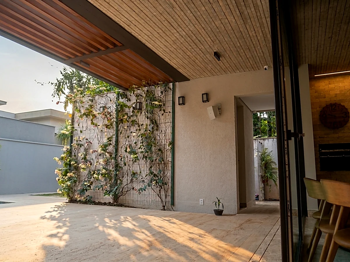 Varanda com forro de madeira e muro com jardim vertical em casa residencial entregue pela HC Engenharia